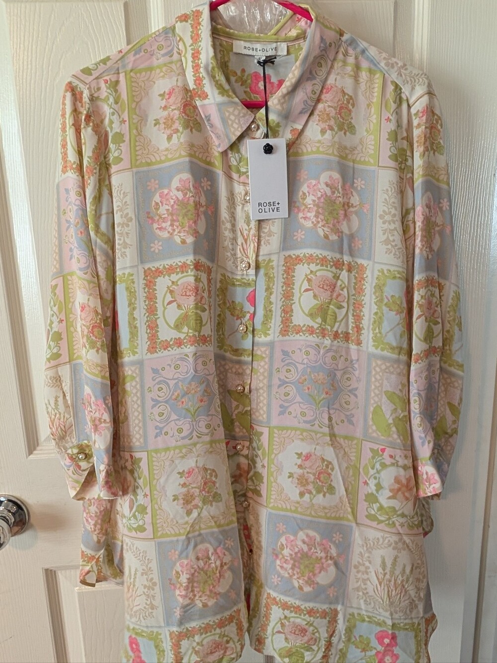 Rose & Olive Floral Patchwork Button-Up Blouse in Pastel Pink & Sage JROGP10